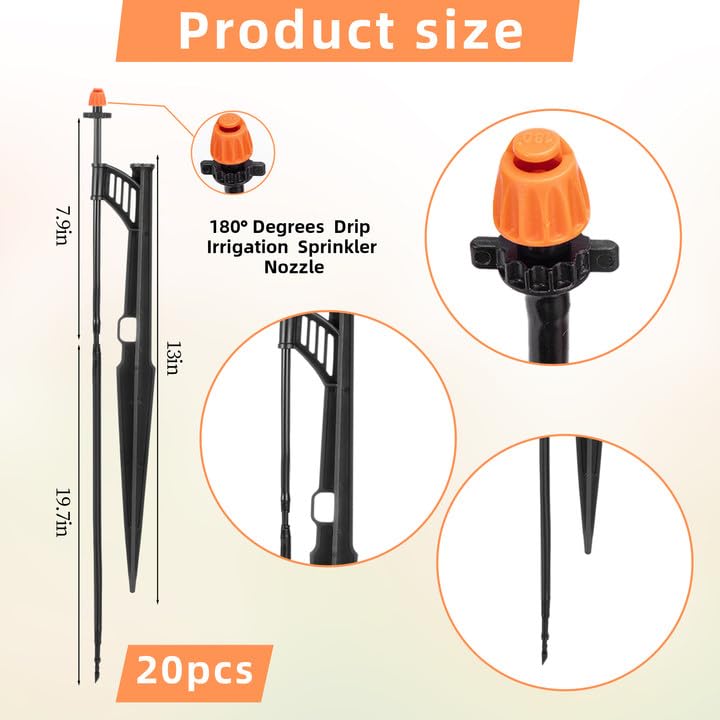 FULAIERGD 20 Sets 180 Degree Irrigation Sprinkler Heads with Stake Drip Micro Spray Emitters with 1/4"" Irrigation Tubing on Riser Stake Micro Spray Sprinkler Stake Assembly for Garden Watering System - Image 2